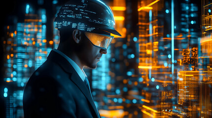 Engineer reviews futuristic cityscape with advanced technology at night in a vibrant urban environment