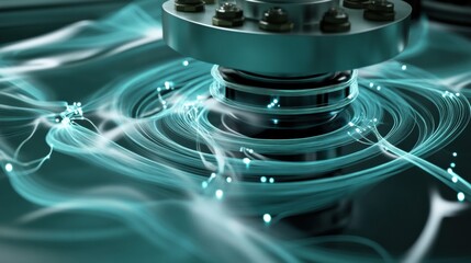 Complex industrial internet of things platform rotating and generating glowing fiber optics connections spreading like waves, in a futuristic technological data transmission concept