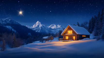 Cozy log cabin nestled in snow-covered mountains under a starry night sky