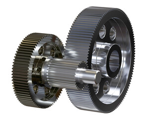 Two gears and shaft. Transparent background. Isolated. 3D Render.