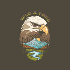 hand drawn design of an eagle's head and natural scenery