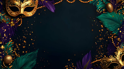 Colorful carnival mask decoration with feathers, golden beads, and confetti in festive arrangement for celebration