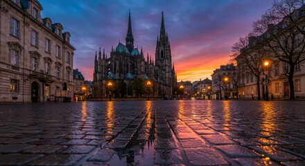 Fototapeta premium Cathedral City at Sunset - A stunning sunset view of a European city square, with a grand cathedral as the centerpiece, reflected in the wet cobblestone streets