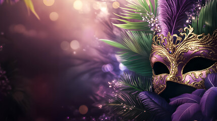 Colorful masquerade mask adorned with feathers and greenery, set against a dreamy purple background with bokeh effects,mardi gras.