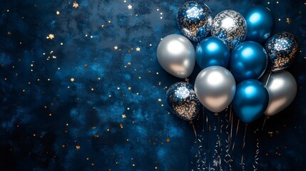 Silver and blue balloons floating on a midnight blue background with gold confetti