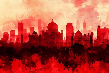 Fototapeta premium Red-Hued New Delhi Skyline: Striking Cityscape of India’s Capital