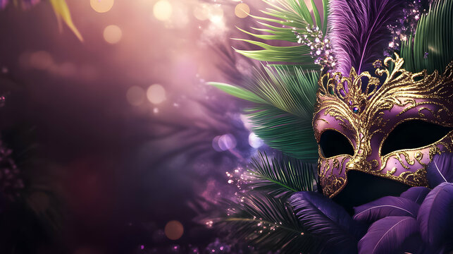 Colorful masquerade mask adorned with feathers and greenery, set against a dreamy purple background with bokeh effects,mardi gras.