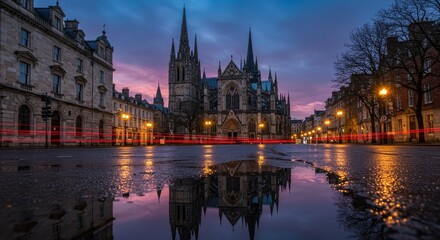 Fototapeta premium Cathedral Cityscape Reflection - Stunning twilight view of a cathedral reflected in a wet street, city buildings flanking the scene