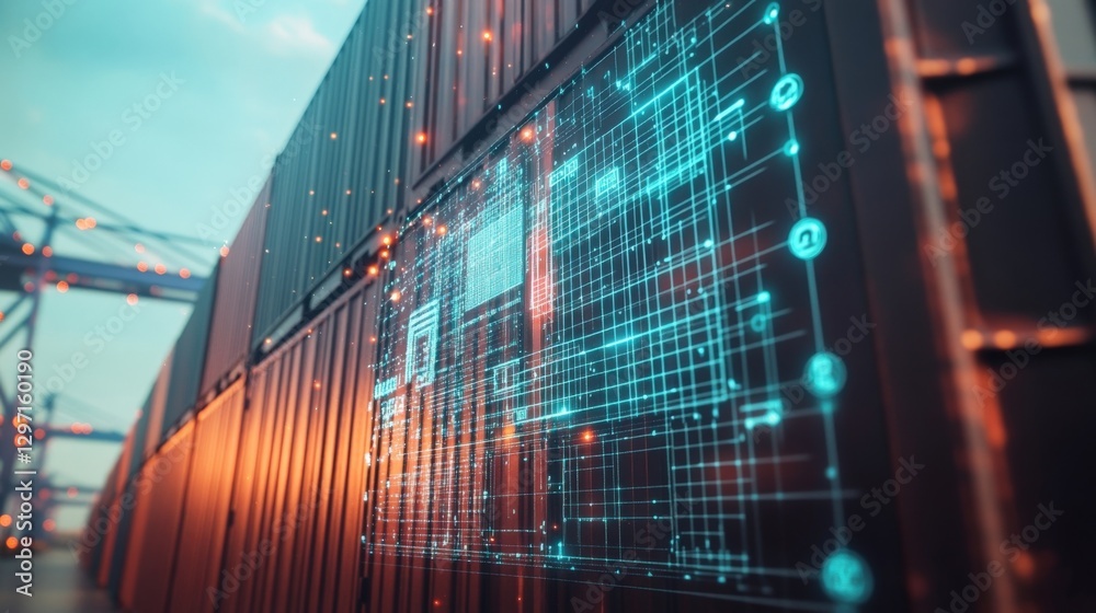 Poster futuristic interface displaying data and information on shipping containers at a port terminal, show