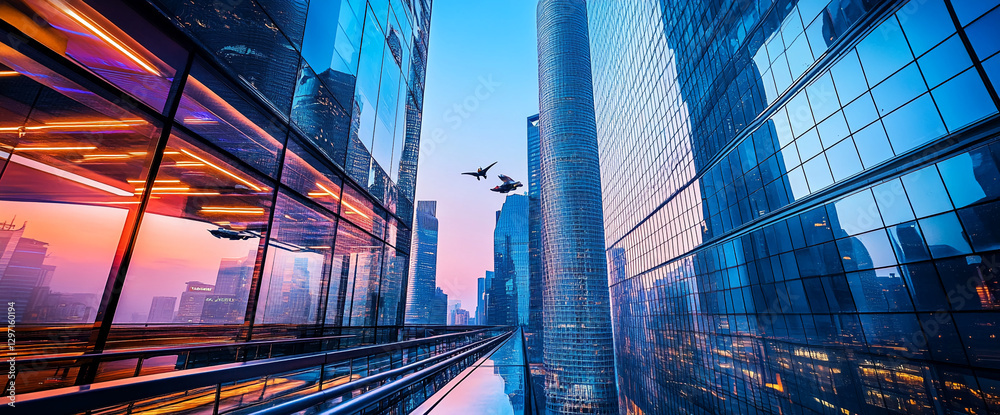 Poster modern skyscraper buildings with glass windows reflecting the vibrant colors of the sunset, creating