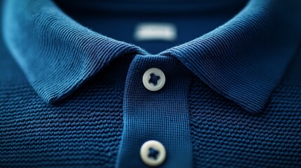 Close up of a navy blue polo shirt showcasing texture and buttons