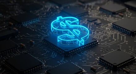 Fototapeta premium Currency Technology - Glowing blue dollar sign on a circuit board, representing finance and technology.