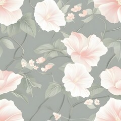 Elegant floral pattern with pink flowers and green leaves on a soft gray background, creating a delicate and timeless design.  