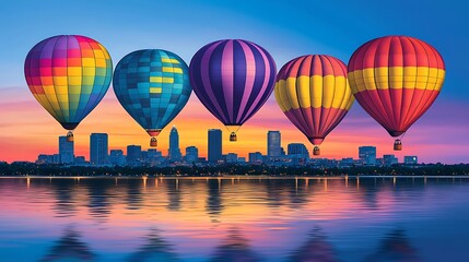 Fototapeta premium Colorful Hot Air Balloons Over City Skyline at Sunset