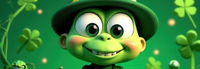 Naklejka premium Whimsical animated frog with big expressive eyes wearing a green leprechaun hat, surrounded by glowing shamrocks and magical elements, creating a playful and festive St. Patrick's Day atmosphere