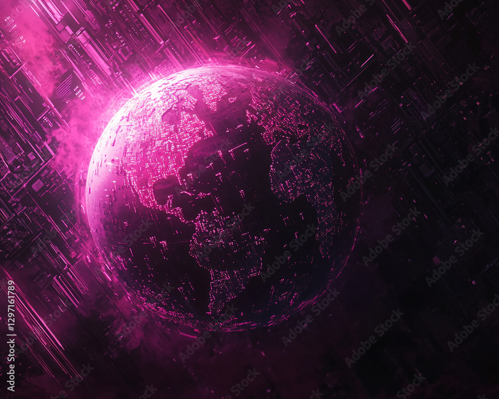 Aufkleber a futuristic digital planet glowing in pink surrounded by neon grids, representing advanced technolo