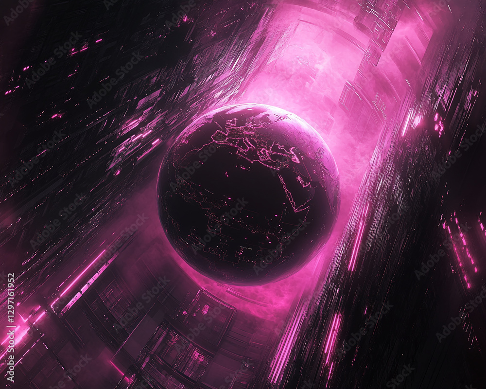 Poster a digital planet glowing in bright pink, surrounded by neon grids and abstract shapes, symbolizing f
