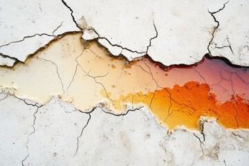 Fototapeta premium Cracked earth reveals pools of orange and yellow water, showcasing the effects of drought or mineral deposits.