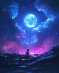 Fototapeta premium Silhouetted corgi gazing at glowing full moon in a fantasy night sky