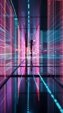 Futuristic neon cityscape with dynamic light trails and urban reflections