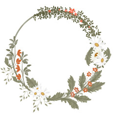Watercolor wreath with daisies and orange flowers on transparent background PNG