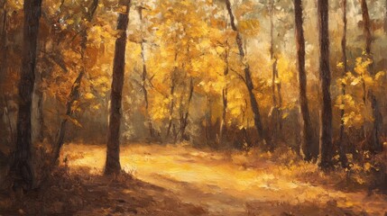 Obraz premium A sunlit forest path lined with autumn yellow trees