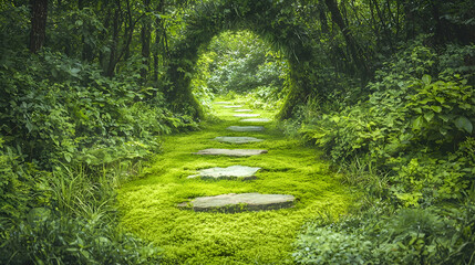Stone path through lush green garden arch