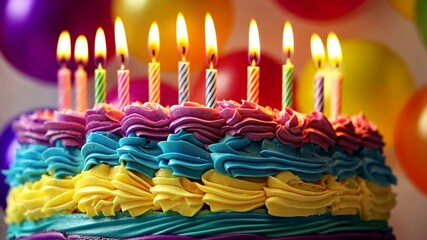 Colorful birthday cake with candles set against festive balloons at a joyful celebration