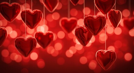 Obraz premium Hanging Hearts Valentine's Day Background - Red shiny hearts hanging against a red bokeh background. Perfect for Valentine's Day designs.