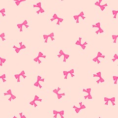 Seamless pattern with pink bows on a delicate beige background. Romantic and feminine design for textile, packaging and decorative projects.