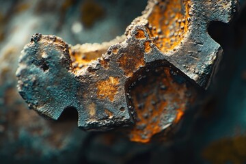 Close-up of a rusty, weathered metal gear, showing intricate texture and decay.
