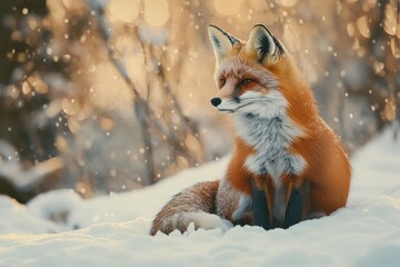 Obraz premium A majestic fox sits elegantly in the winter snow covered landscape
