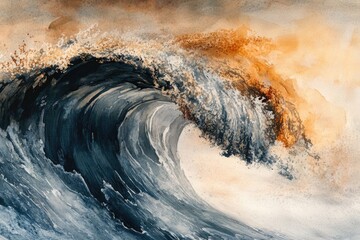Abstract watercolor painting of a powerful ocean wave crashing, with shades of blue, grey, and beige.