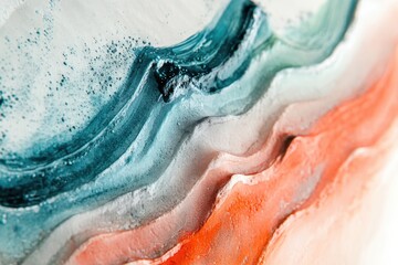Fototapeta premium Abstract art showcasing textured layers of teal, gray, and coral, resembling a landscape.