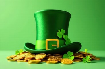 Green leprechaun hat with a gold buckle sits atop a pile of shiny gold coins, decorated with shamrocks. The festive composition represents Irish luck, wealth, and St. Patrick’s Day celebration