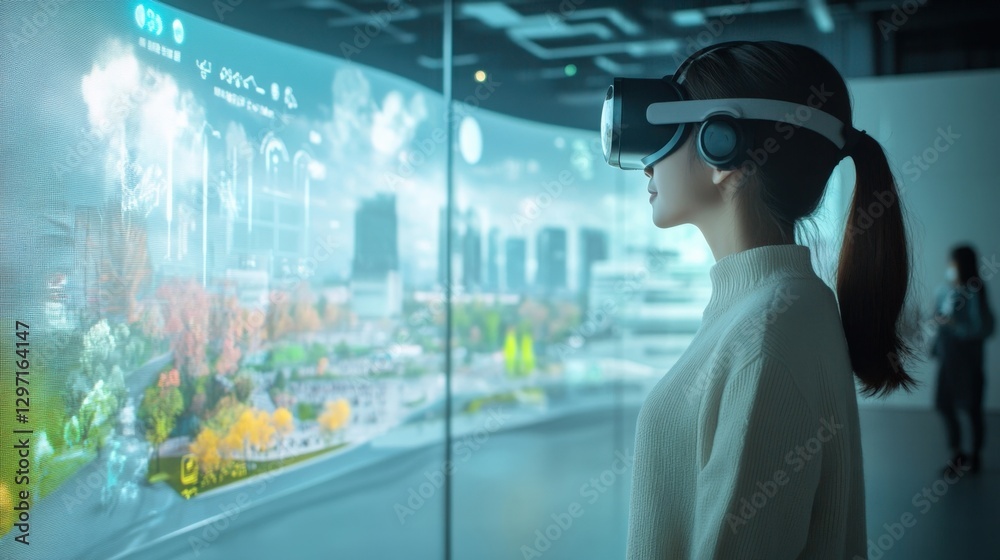 Poster engineer wearing vr headset analyzing smart city data visualization using augmented reality on a lar