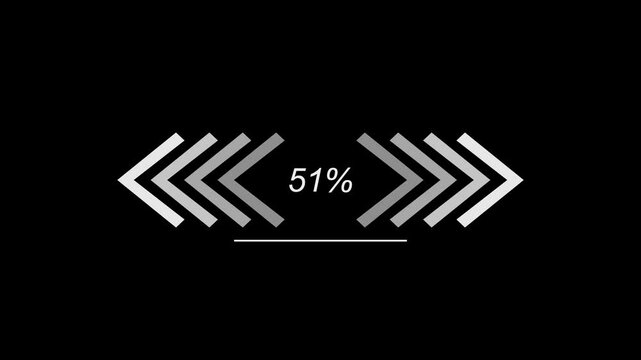 Loading bar animation with white arrows isolated on black background.