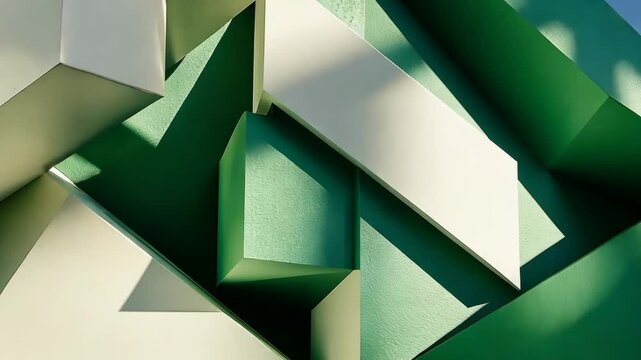 Sunlit abstract green and white architecture with geometric shadows and dynamic angles