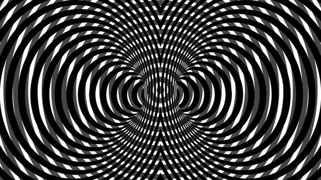 Hypnotic Circular tunnel striped circles black and white rotating, op art stripes 3d animation, optical illusion loop footage abstract background for vj, dj, template, meditation, intro video