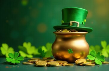 Golden pot filled with shiny gold coins, topped with a green leprechaun hat and surrounded by shamrocks on a green background. A festive symbol of luck, fortune, and St. Patrick's Day tradition