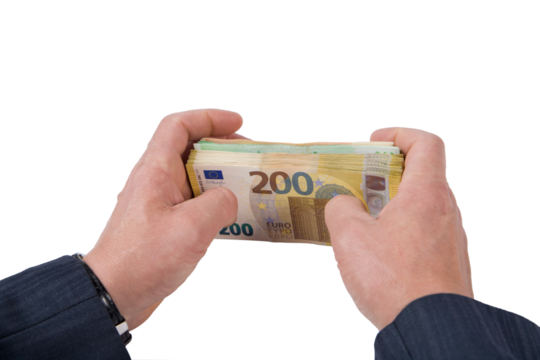 Close-up of male hands counting euro banknotes on white background