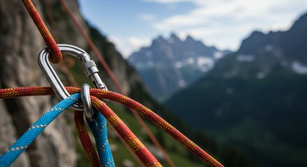 Mountain Climbing Carabiner and Ropes - Close-up of a silver carabiner connecting multiple vibrant climbing ropes against a blurred mountain backdrop