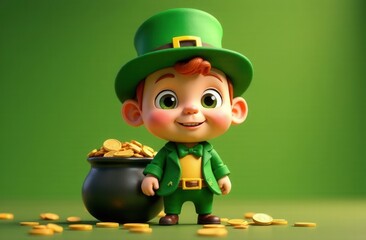 Adorable cartoon-style leprechaun child dressed in a green suit and hat, standing next to a black pot filled with gold coins. Cheerful and festive atmosphere celebrating St. Patrick’s Day