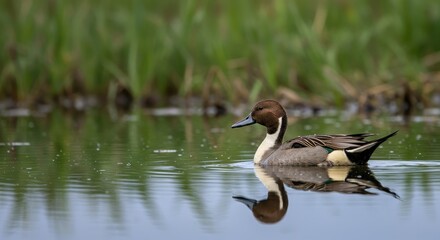 Fototapeta premium Northern Pintail Duck on Calm Water - A Northern Pintail duck floats serenely on a calm body of water, its reflection mirroring perfectly. Green vegetation forms a soft background