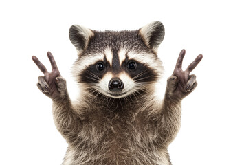 Fototapeta premium Portrait of a funny raccoon, showing a sign peace, isolated on transparent background 