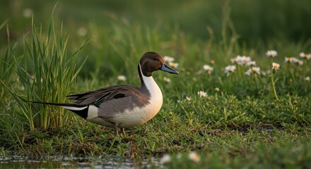 Obraz premium Northern Pintail Duck in Meadow - A single Northern Pintail duck standing in a grassy meadow near water. The background is softly blurred