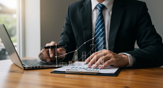 Professional businessman analyzing financial data with digital growth chart overlay, strategic planning for corporate success with laptop and financial reports on wooden desk