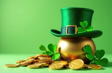 Golden pot filled with shiny coins, topped with a green leprechaun hat decorated with a shamrock. Surrounding the pot are lucky clovers, symbolizing fortune and prosperity for St. Patrick’s Day