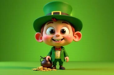 Adorable cartoon-style leprechaun with big eyes and cheerful smile, dressed in green suit and hat, standing next to small pot of gold coins on vibrant green background, symbolizing luck and prosperity