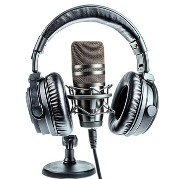 High-quality microphone and headphones for professional audio recording setup isolated on transparent background